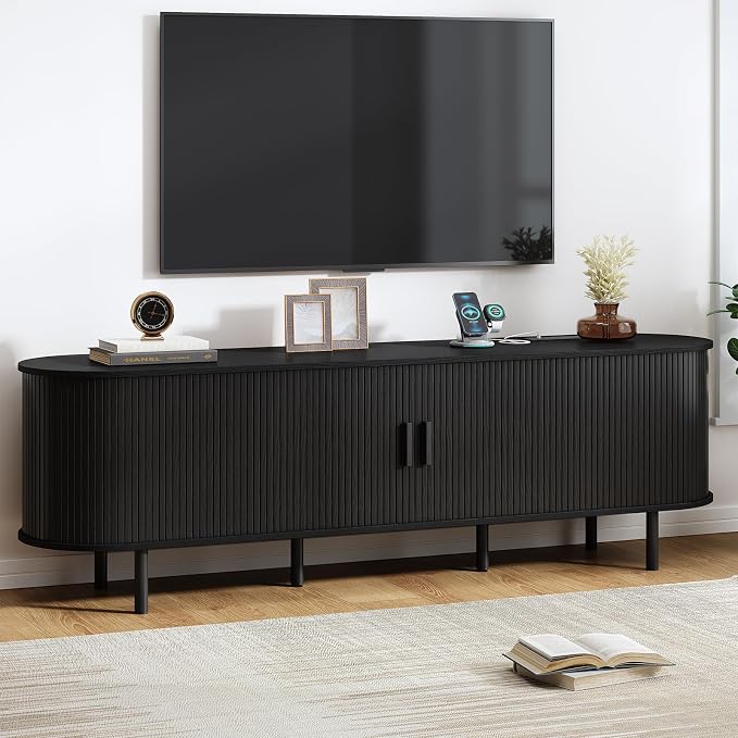 70.8" TV Stand with Power Outlet, Mid-Century Modern Television Stand, Fluted by ComfyCorner
