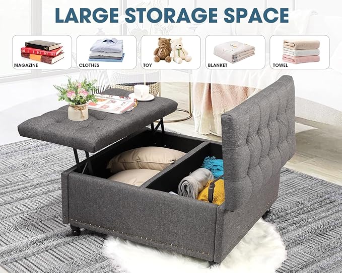 36" Large Square Ottoman with Storage, Tufted Upholstered Storage Ottoman with - Image 7