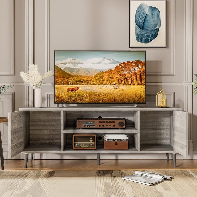 JUMMICO TV Stand for 65 Inch TV, Mid Century Modern TV Stand, Entertainment - Image 2