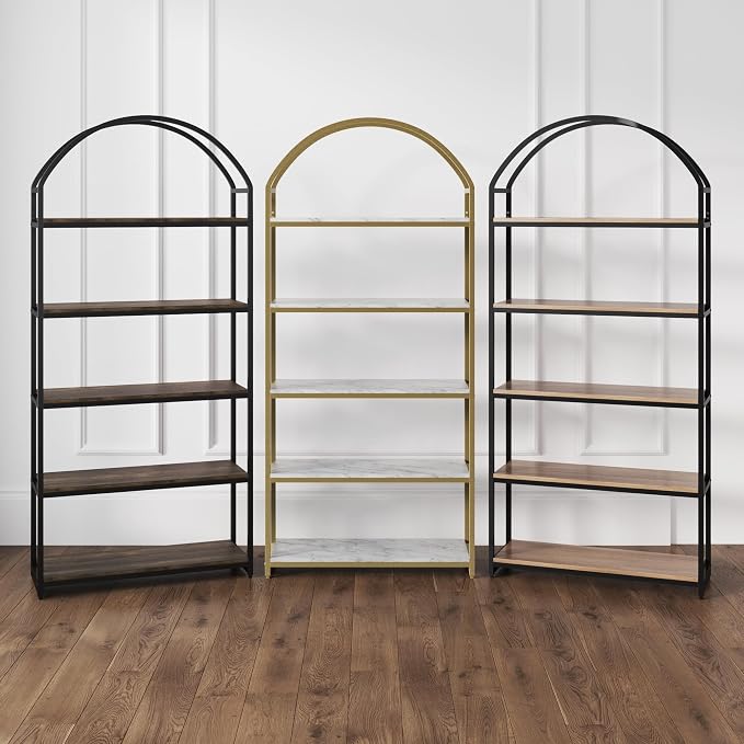 Nathan James Haven Etagere Bookshelf, 5-Shelf Bookcase in Nutmeg Wood and Black - Image 8