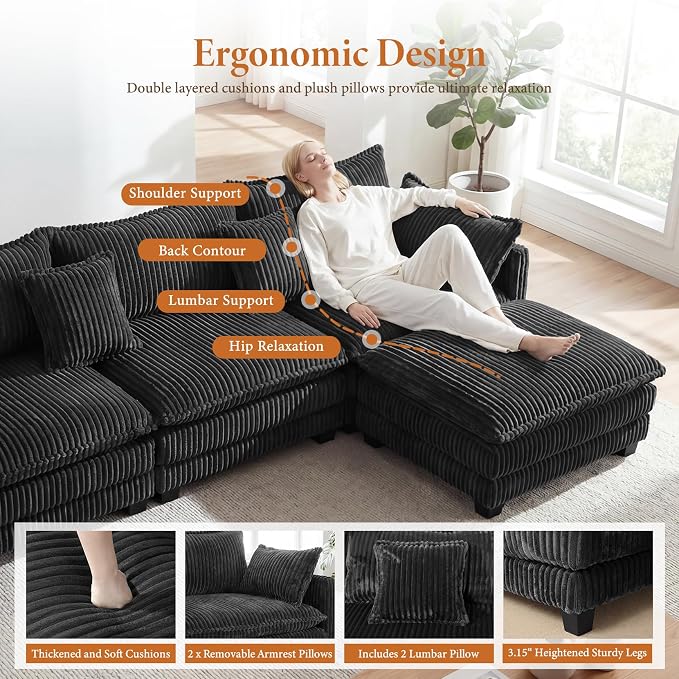 Vesgantti 109" U Shaped Cloud Sectional Sofa, Comfy Corduroy Upholstered - Image 3
