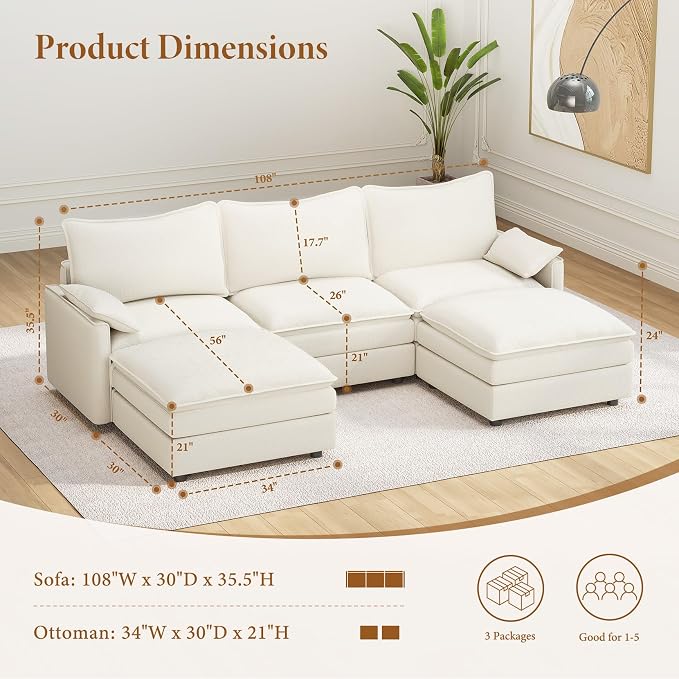 Vesgantti 108" U Shaped Sectional Couch, Comfy Cloud Modular Sectional Sofa - Image 2