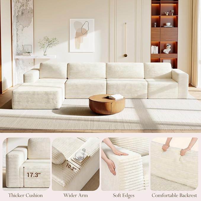 Vesgantti 159" Large Modular Sectional Sofa, L-Shaped Corduroy Cloud Couch - Image 8