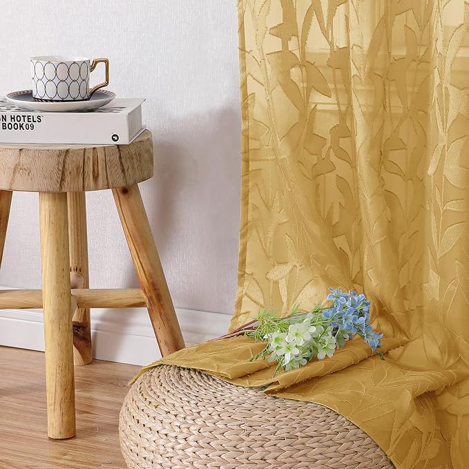 Lecloud Leia Dark Gold Sheer Curtains 63 Inch Length 2 Panels, Light Filtering - Image 8