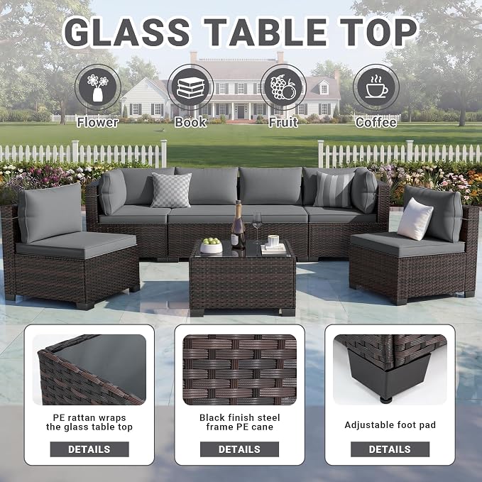 CHABATREE 7pcs Outdoor Patio Furniture Sets, Rattan Conversation Sectional Set - Image 4