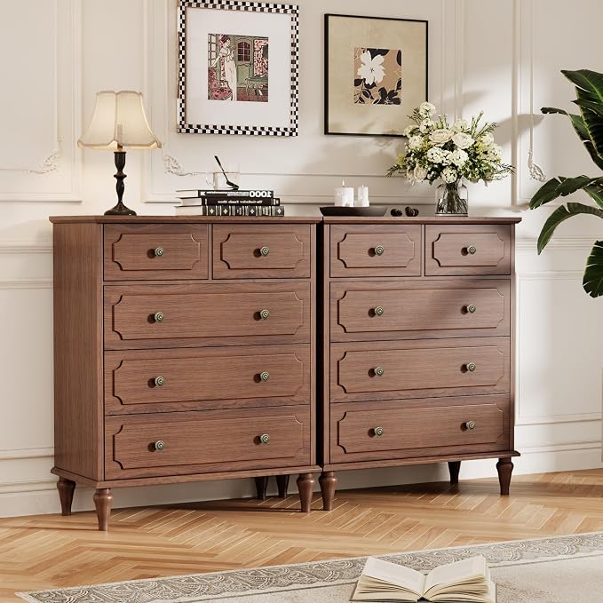 Brown Dresser for Bedroom with 5 Drawers, Vintage Tall Dresser with Smooth - Image 7