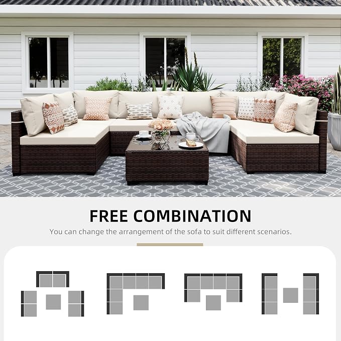 UPHA 7 Pieces Patio Furniture Sets, Wicker Outdoor Sectional Sofa Couch - Image 4