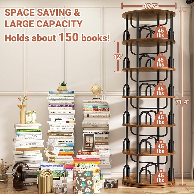 Aheaplus 6 Tier Rotating Bookshelf Tower, Revolving Bookcase, 360° Round - Image 2