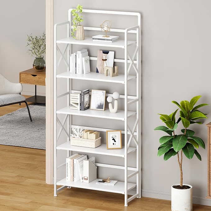No Assembly Folding Bookshelf, 5 Tiers Vintage Wood Collapsible Book Shelf - Image 2