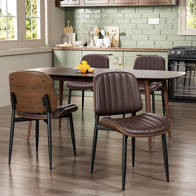 REONEY Dining Chairs Set of 4, Mid-Century Modern Upholstered PU Leather Chairs - Image 4