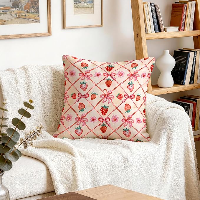 OBSEDE Pink Bow Strawberry Throw Pillow Covers 18 × 18 in, Couch Cushion Cases - Image 8