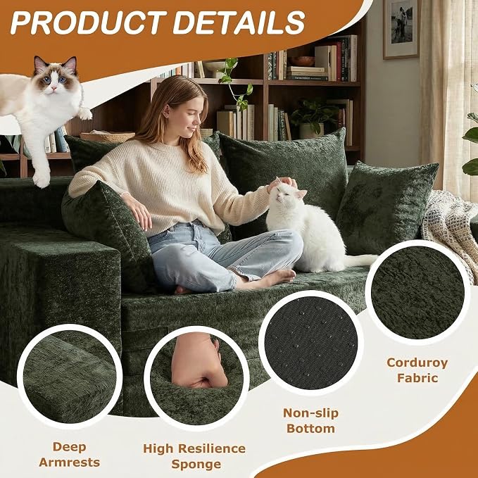 Loveseat Sofa Bed, Convertible Silky Velvet 5-in-1 Foldable Boneless Sleeper - Image 4