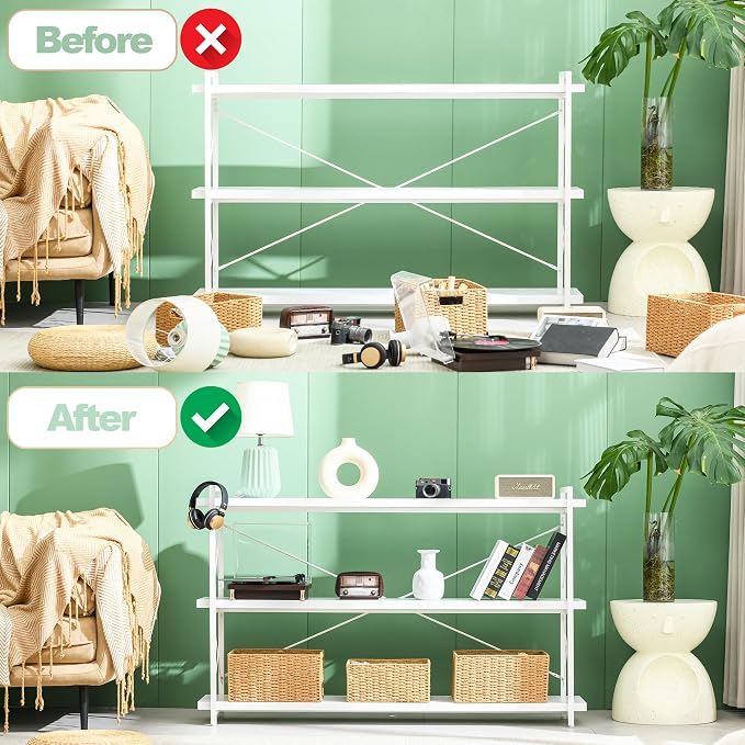 HCHQHS Bookshelf, 3-Tier Long Industrial Bookcase, Freestanding Horizontal - Image 4