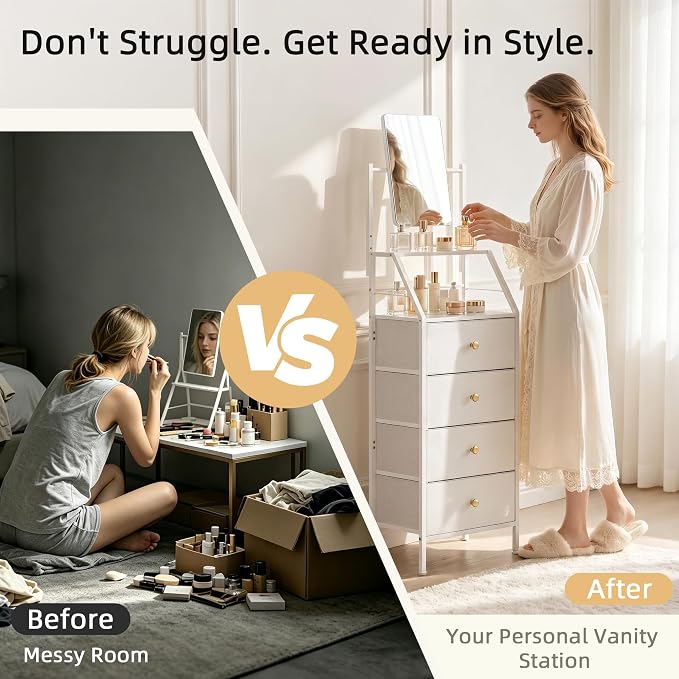 HIGDBFE 4-Drawer Dresser with Mirror, Vanity with 2-Tier Shelves, Fabric Chest - Image 3
