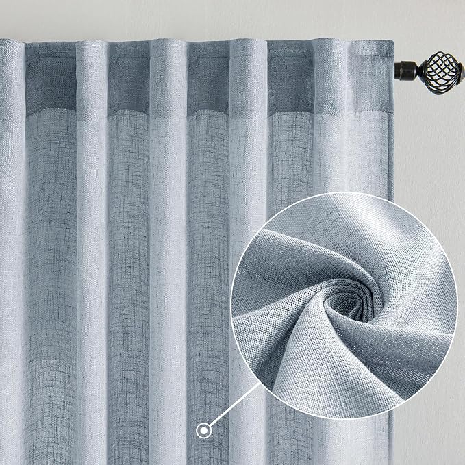 MIULEE Chambray Blue Linen Curtains 96 Inches Long 2 Panels - Image 2