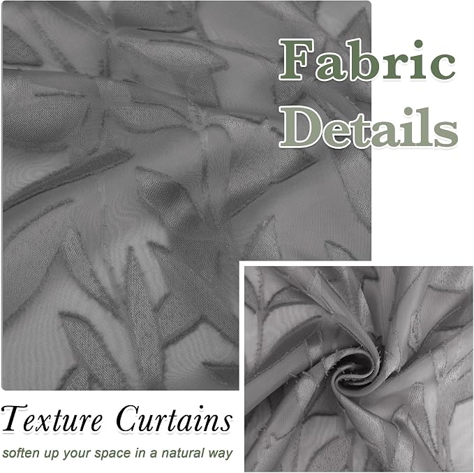 Lecloud Leia Charcoal Grey Sheer Kitchen Curtains 24 Inch 2 Pcs, Jacquard Leaf - Image 4
