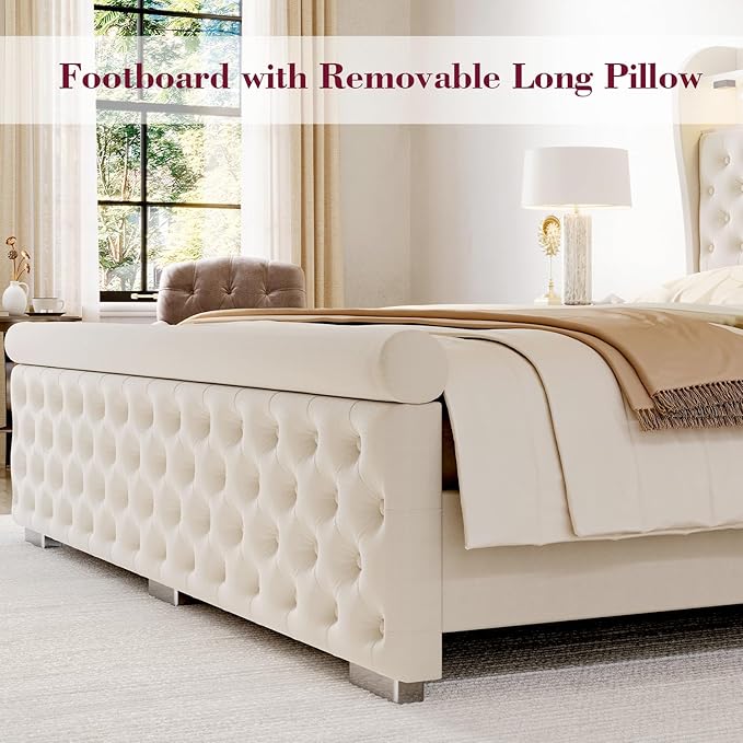ROCHECASA Bed Frame with Storage and Charging Station, 50.6" Tall Velvet - Image 3