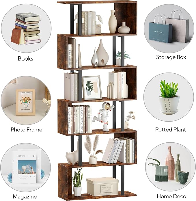 Yusong Geometric Bookcase, S Shaped Bookshelf 6-Tier Book Shelves - Image 7