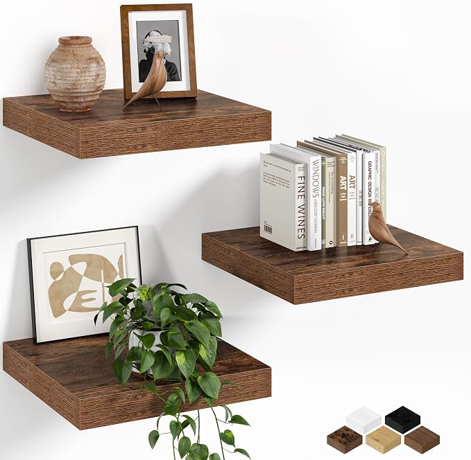 Fun Memories Floating Shelves for Wall, 12 Inch Set of 3 Rustic Wood Wall by FunMemories