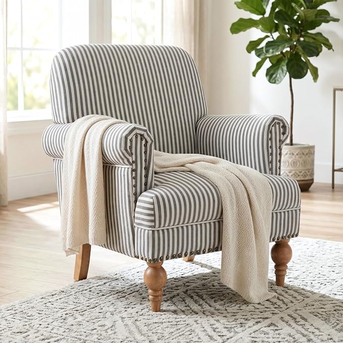 Black Striped Linen Fabric Accent Chair, Modern Farmhouse Upholstered Armchair by DMFurniture