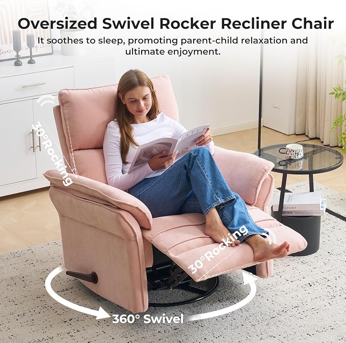 Rocking Chair Nursery with Adjustable Headrest, Manual Swivel Rocker Recliner - Image 4