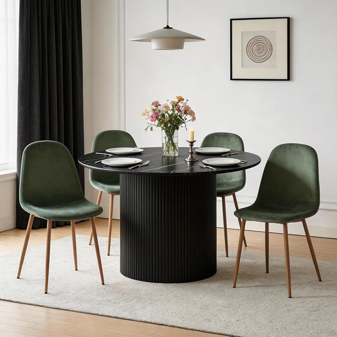Dining Table Set for 4, Mid Century Modern 47 Inch Black Marble-Look Wooden - Image 5