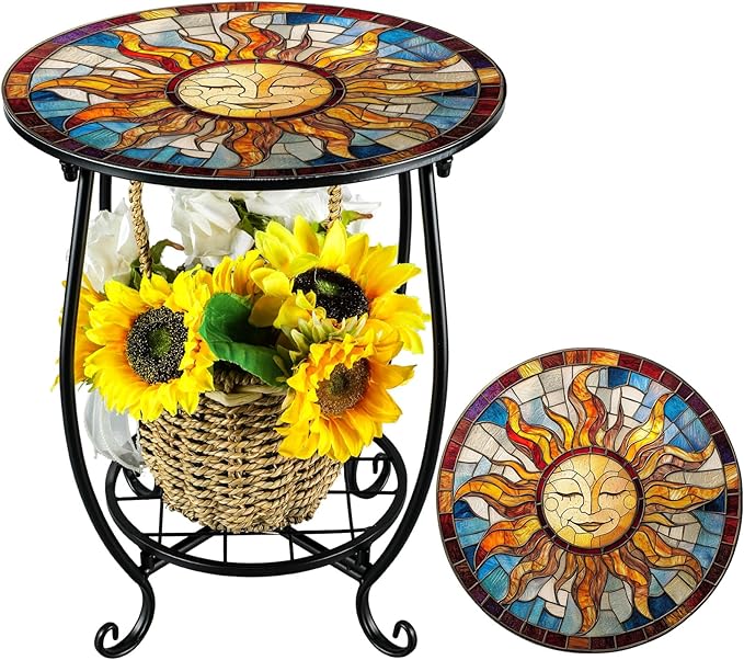 Cinnvoice Outdoor Side Table Round Small Mosaic Patio Accent Indoor End Plant by Cinnvoice