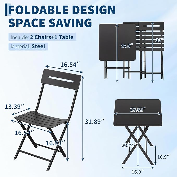 GarveeTech 3-Piece Folding Bistro Set, Heavy Duty Outdoor Patio Furniture - Image 2