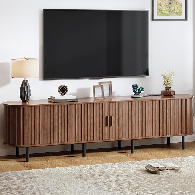 86.6" TV Stand with Power Outlet, Mid-Century Modern Television Stand, Fluted by ComfyCorner