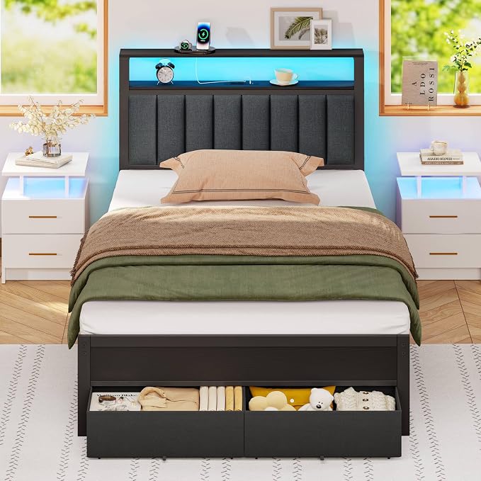Furnulem Twin Bed Frames with Charging Station and LED Lights, Metal Platform by Furnulem