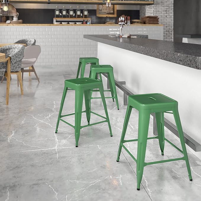 Flash Furniture Kai Commercial Grade 24" High Backless Green Metal - Image 2