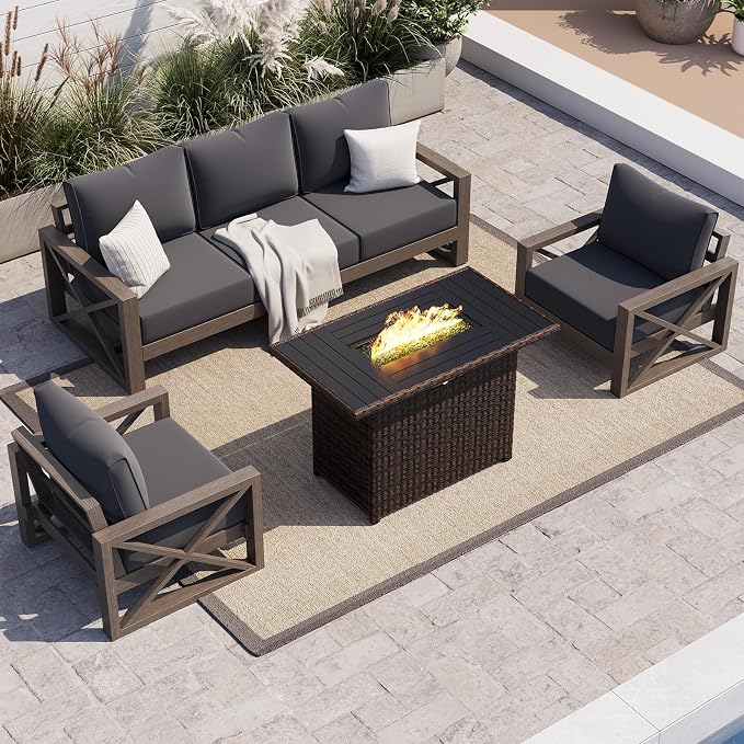 UDPATIO Aluminum Patio Furniture Set, Faux Wood Grain Modern Outdoor Furniture by UDPATIO