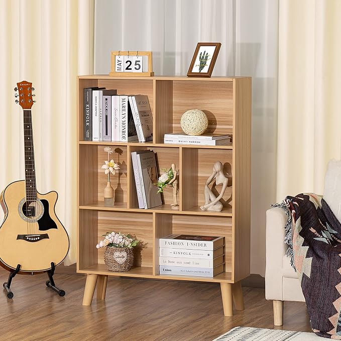 LEYAOYAO Wooden 7 Cube Book Shelf, Natural 3 Tier Bookshelf - Image 6