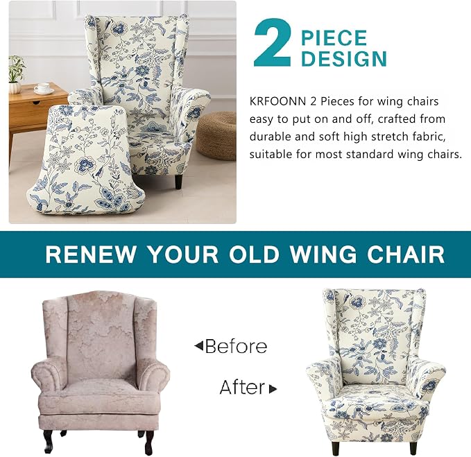 KRFOONN Velvet Wing Chair Slipcovers 2 Piece Stretch Printed Wingback Chair - Image 4