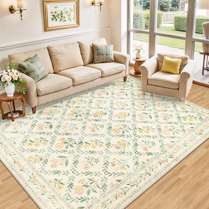 Area Rugs 9x12 Living Room: Floral Washable Rug Vintage Large Soft Boho - Image 3