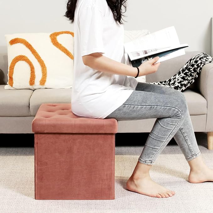 B FSOBEIIALEO Storage Ottoman Cube, Velvet Tufted Folding Ottomans - Image 5