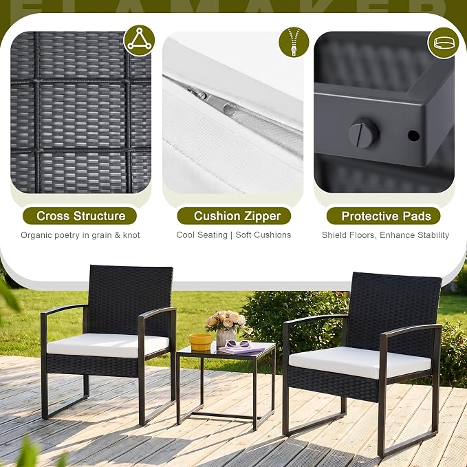 Flamaker 3 Pieces Patio Furniture Outdoor Wicker Modern Rattan Chair - Image 5