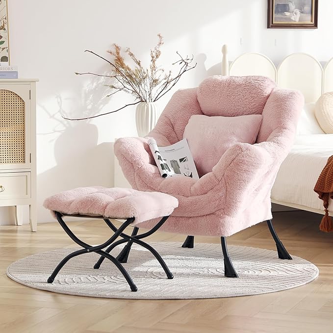 Lazy Chair with Ottoman, Large Pink Accent Chair with Ottoman and FA Throw - Image 4