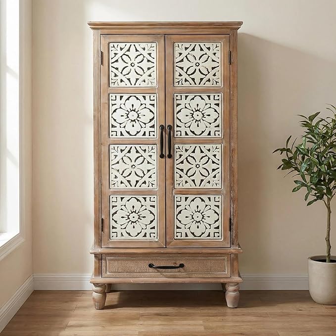 LKTART 55" Tall Vintage Sideboards Carved Wood Buffet Cabinet, Farmhouse Pantry by LKTART