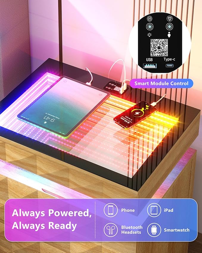 Wood Night Stand with Charger Station & RGB Lights, LED Bedside Table with - Image 3