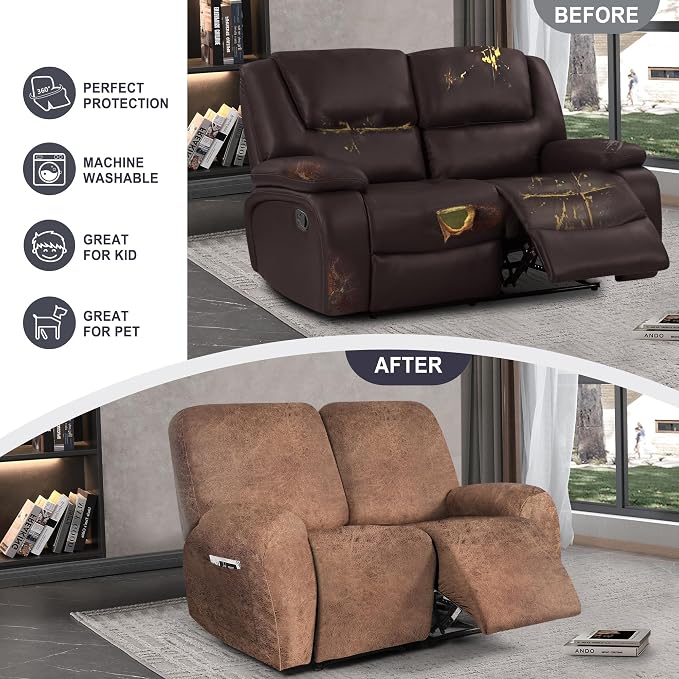 ANARACHON Leather Look Loveseat Recliner Cover, 6-Pieces Stretch Dual Recliner - Image 6