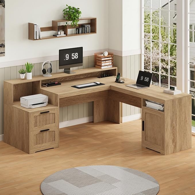 YOMILUVE 63" Farmhouse L Shaped Executive Desk - Image 3