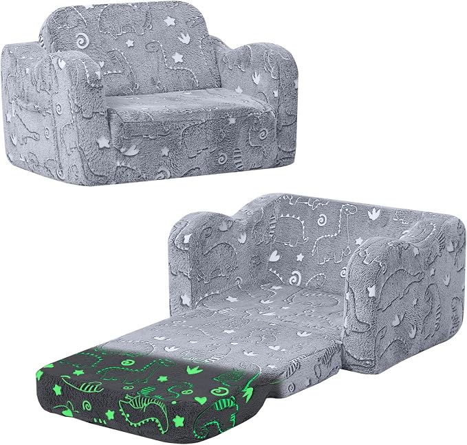 MeMoreCool Glow-in-the-Dark Dinosaur Kids Couch, 2-in-1 Foldable Kids Couch and by MeMoreCool