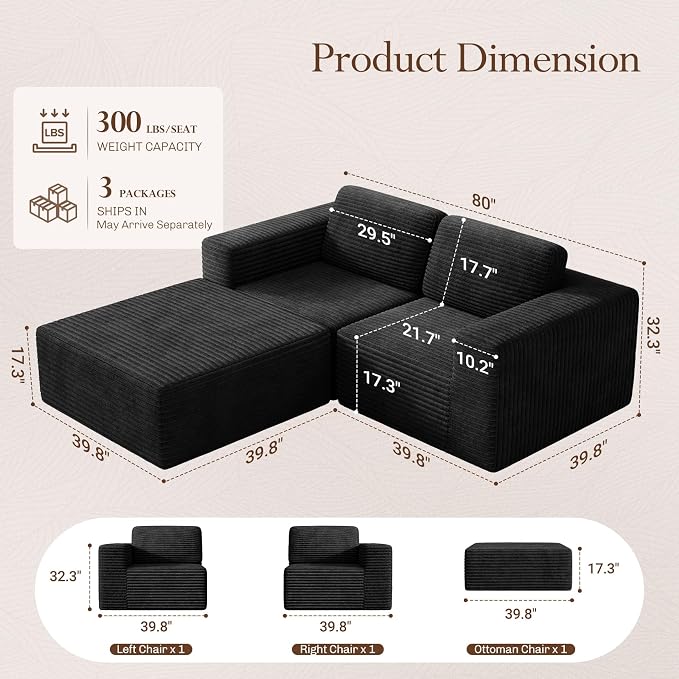 Vesgantti 80" Modular Sectional Sofa, Corduroy Cloud Couch - Image 2