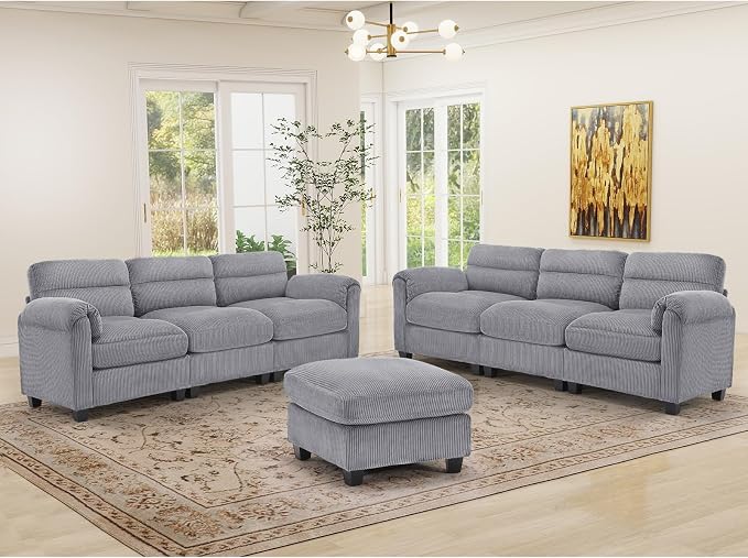 HAOMARKETS Corduroy Sofa Set, Upholstered Ottoman and 3-Seater Couch Set of 2 by HAOMARKETS