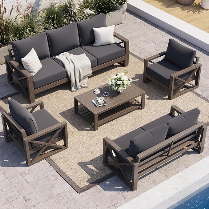 UDPATIO Aluminum Patio Furniture Set, Faux Wood Grain Modern Outdoor Furniture by UDPATIO