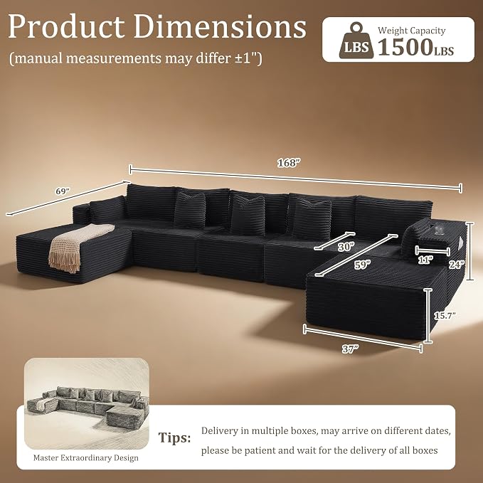 168" Cloud Sectional Couch, Comfort U Shaped Sofa - Image 2