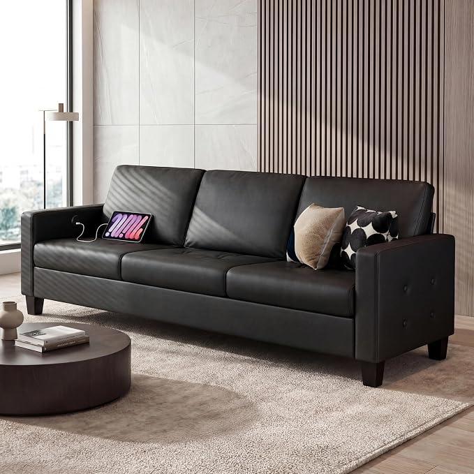 STHOUYN Black Faux Leather 3 Seater Sofa, Loveseat and Accent Chair, Modern - Image 9