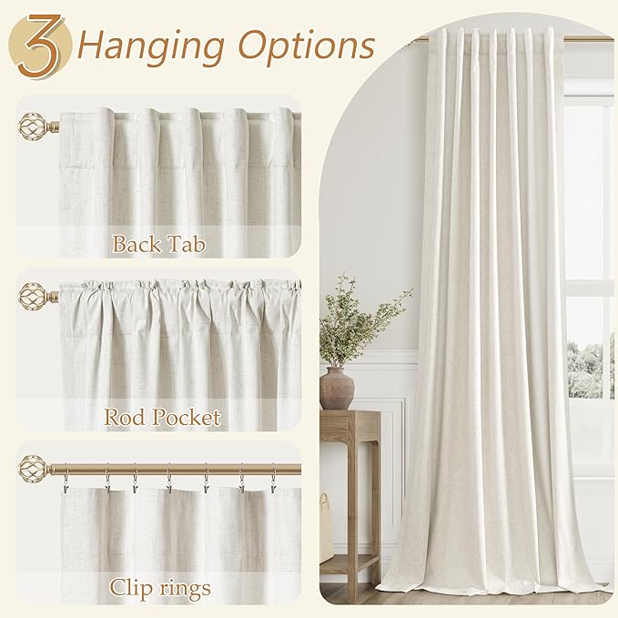 Guken Cream 100% Blackout Linen Curtains 80 Inch Length 2 Panels Set - Image 6