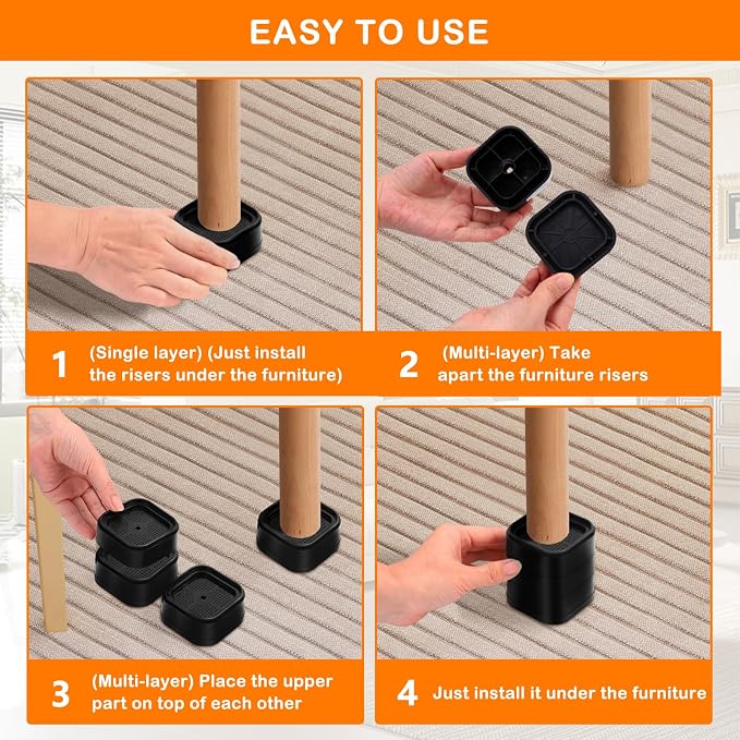 Furniture Risers Adjustable Bed Risers Heavy Duty Lifts Height 3", Square - Image 7